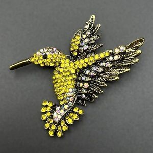 Yellow Gold with Yellow Citrine and White AB Crystal Hummingbird Pin Back Brooch